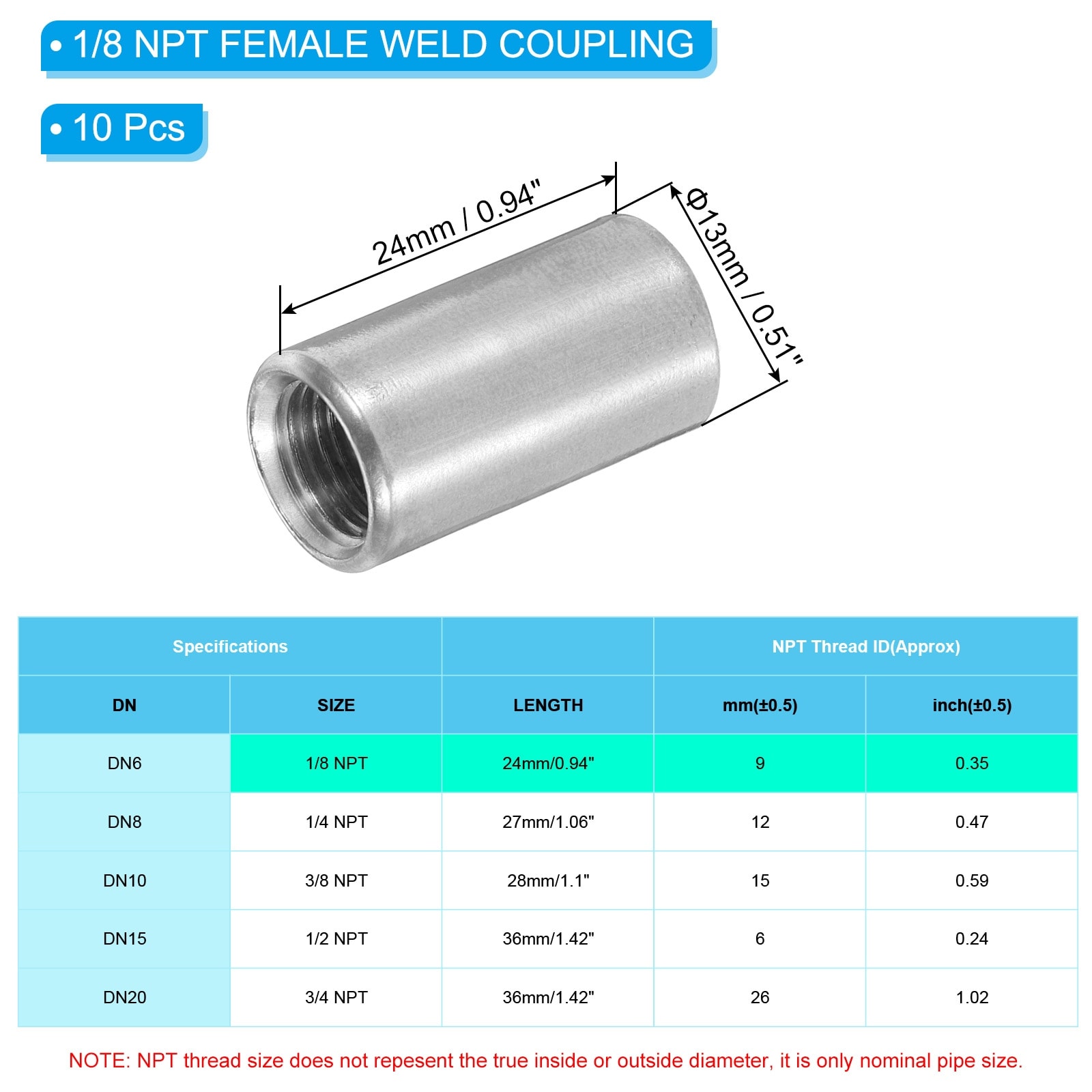 Female Weld Coupling, 304 Stainless Steel Threaded Half Coupling Weld On Bung Fittings Connector for Pipe Fuel Tank - Silver
