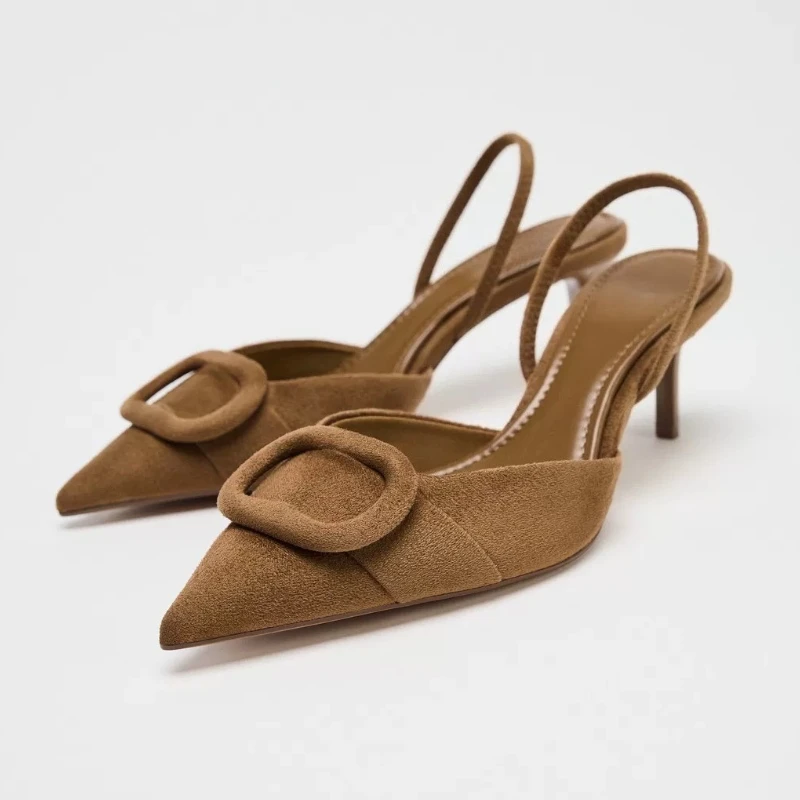 2025 Autumn Suede Women Office Pumps Classic Square Buckle Slingbacks Elegant Pointed Toe Brand High Heels Shoe for Ladies