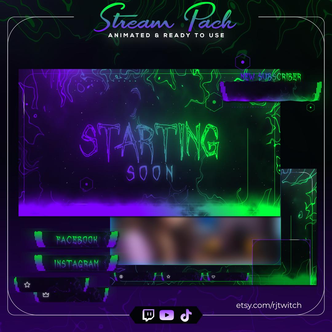 Pacchetto di sovrapposizioni animate viola per Twitch / Schermate di streaming in movimento al neon, avvisi, webcam e pannelli per Twitch, OBS e Strea