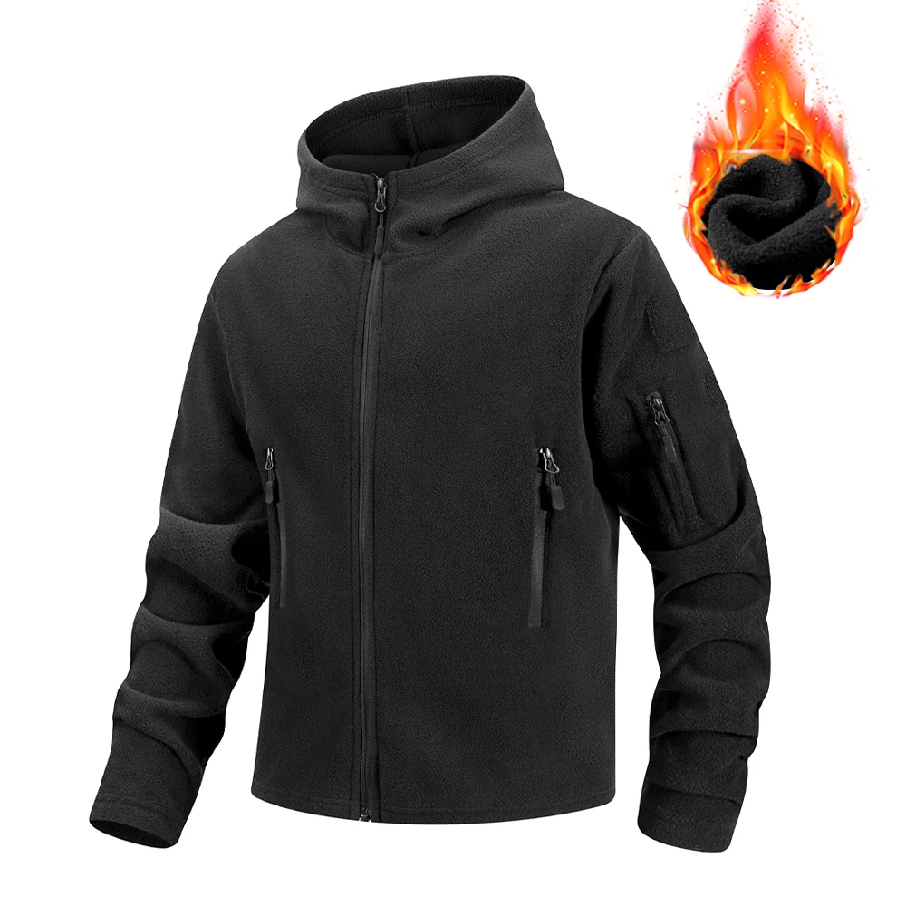 Giacca da uomo con cappuccio in pile tattico da escursionismo con zip intera Tasche multi-cerniera Design Autunno Inverno Cappotto sportivo da esterno caldo per uomo