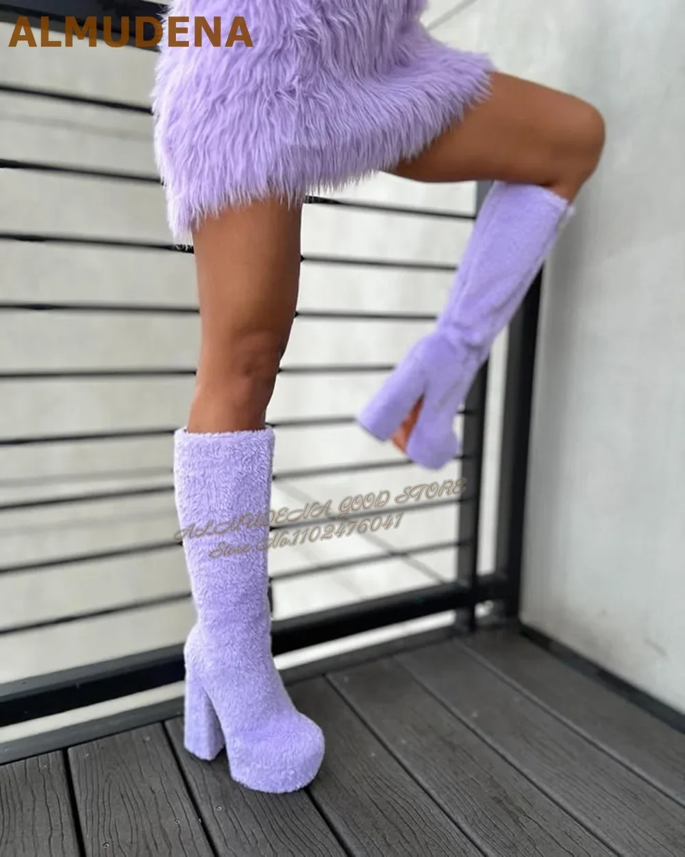 Lila Lila Weiches Fell Kniehohe Stiefel Seltsame Blockabsatz Plateau Flauschige Plüsch Hohe Stiefel Plateau Pelzige Süße Abendschuhe