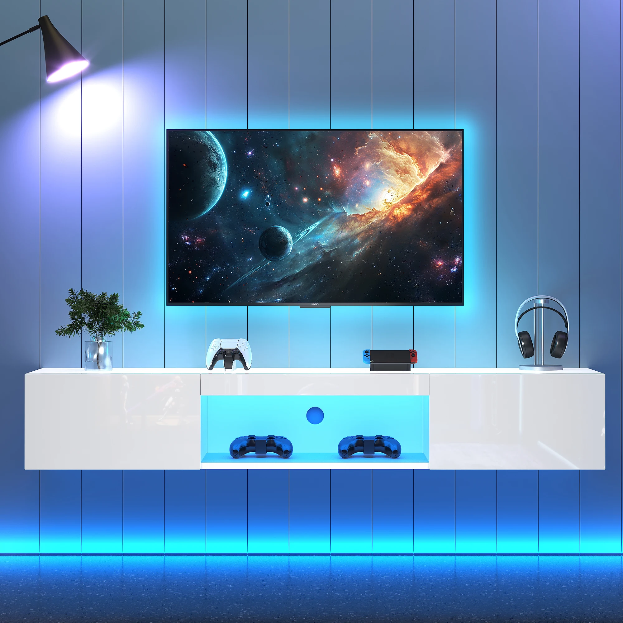 Anajqaqia Weißer TV-Schrank, moderner TV-Ständer mit LED-Beleuchtung und Stauraum, wandmontierte Bluetooth-TV-Halterung, 160 x 31 x 22 cm
