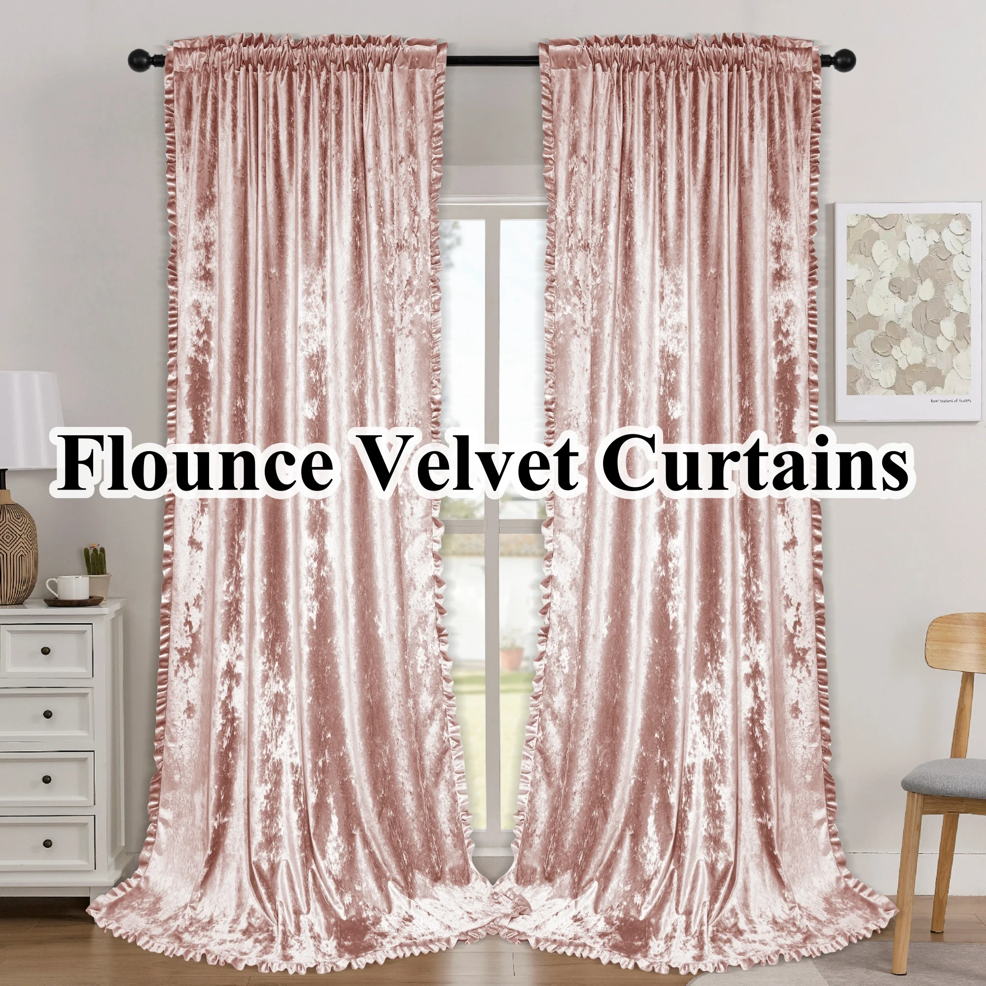 2 Stück gerüschte Samtvorhänge, zarte Spitzenvorhänge, weiche Lichtfilterung, geeignet für Wohnzimmer, Schlafzimmer, Arbeitszimmerdekoration Image
