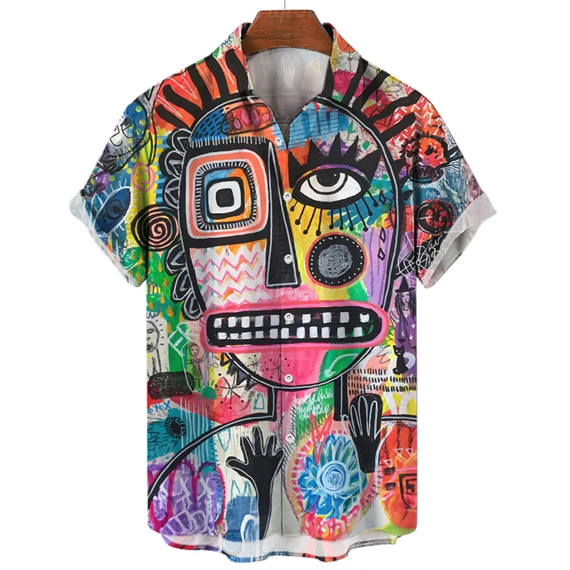 Abstraktes Gesicht 3D-Druck-Shirt für Männer Sommer Kunst Malerei Grafiken Kurzarm Hawaiihemd Revers Bluse Tops Straßenkleidung Image
