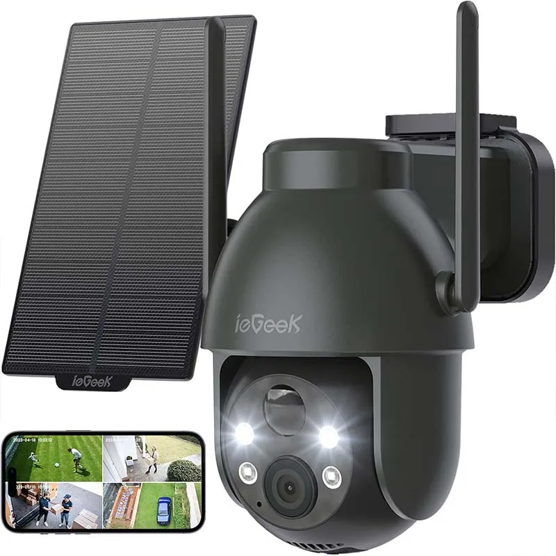 ieGeek 2K WiFi-Solar-Überwachungskamera für den Außenbereich, kabellos, batteriebetriebene 3 MP-Überwachungskamera mit 360 ° PTZ Farbnachtsicht