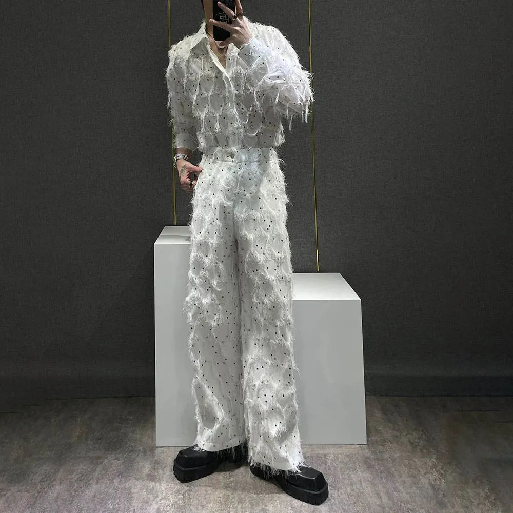 Männer Herbst Pailletten Quaste Ballsaal Hemd Hosen Streetwear Fashion Nachtclub Bühne Leistung Hemd Hosen Männer Kleidung 2025, Neue Image