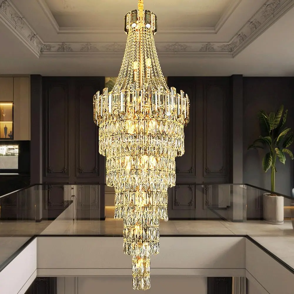 Luxus Große K9 Kristall Kronleuchter Für Villa Treppe Duplex Gebäude Wohnzimmer Decke Lampe Gold Rotierenden Kronleuchter