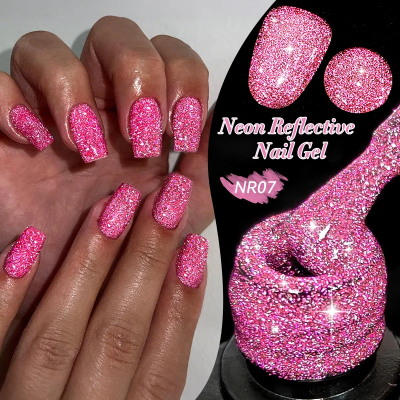 LILYCUTE 7 ml rosa fluoreszierender reflektierender Gel-Nagellack, glänzender Glitzer, Neon, semi-permanent, Soak Off UV Gel Nail Art Maniküre Image