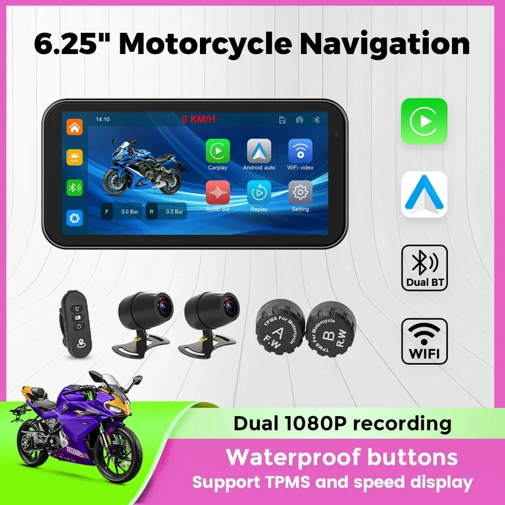 6,25 Zoll Drahtlose Android Auto CarPlay Motorrad Tragbare Navigation GPS IP67 Wasserdichte Moto Touch Screen Display Wifi Dual BT Image