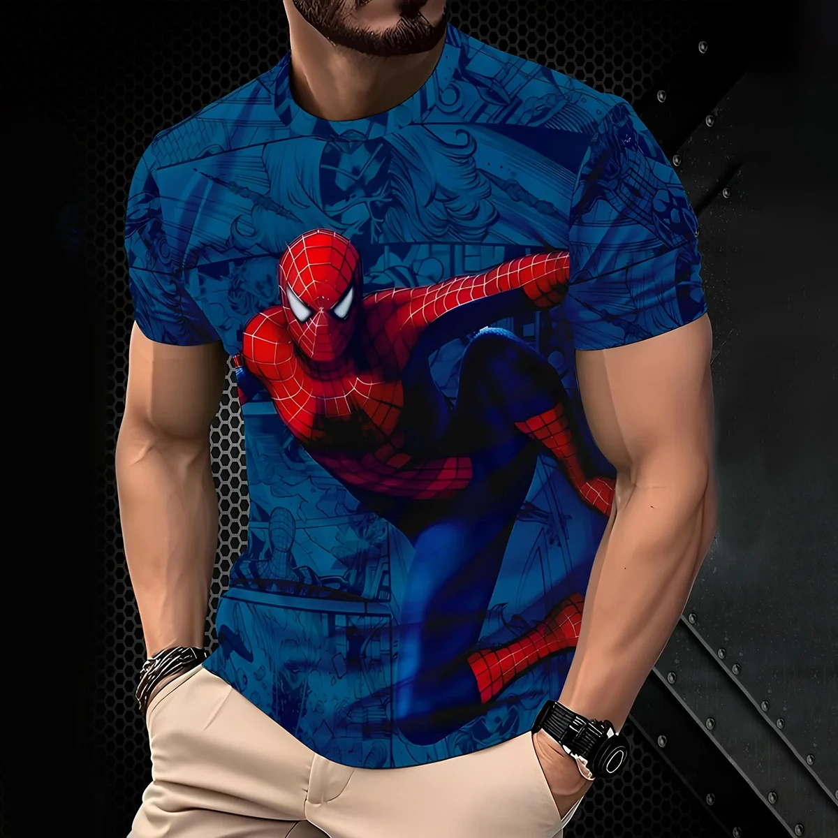 Marvel Superheld Spider Man Herren-T-Shirt, Sommer-Casual-Top, klassischer Spinnen-Druck, erwacht Emotionen, Rundhalsausschnitt, atmungsaktives Design Image