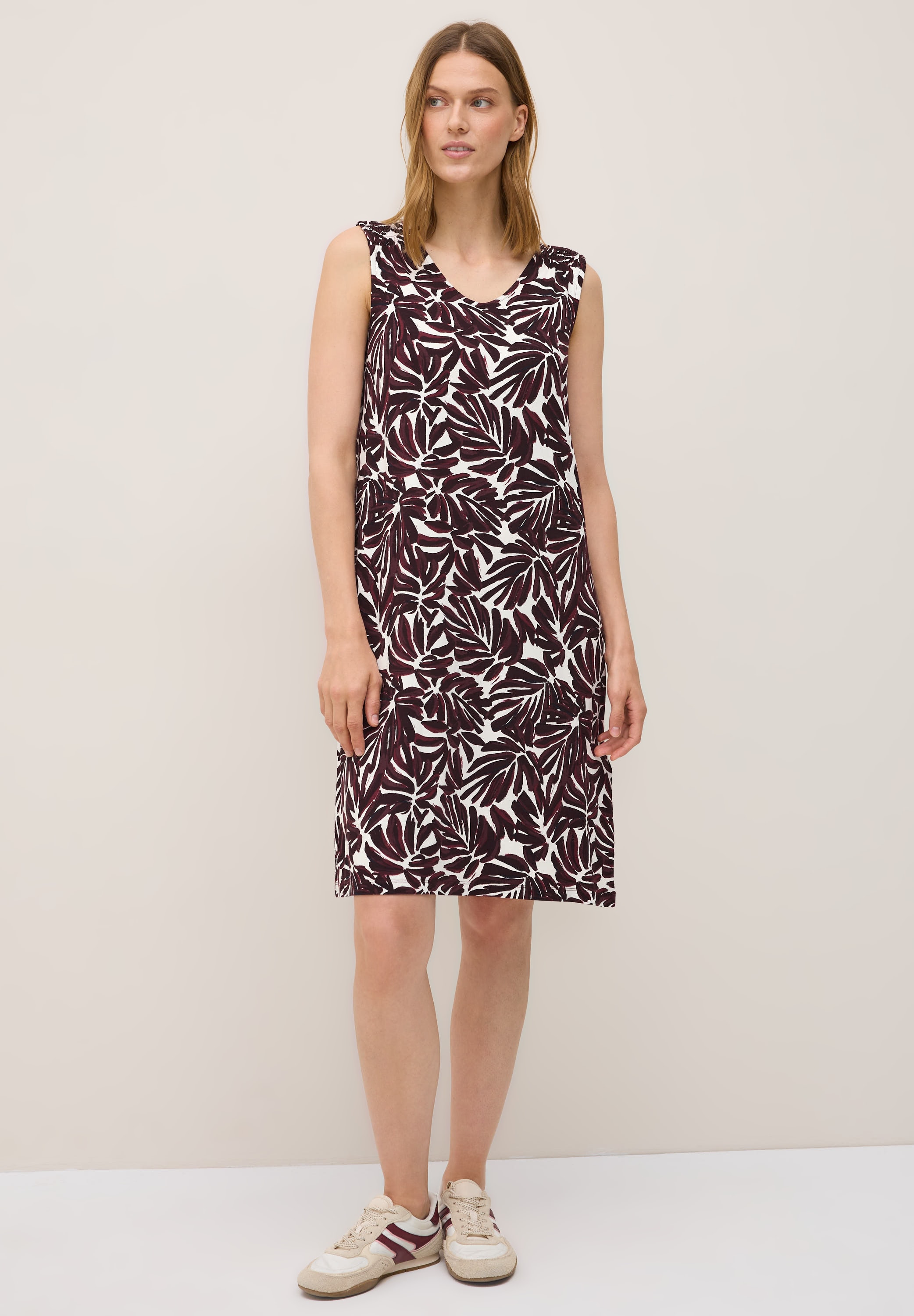 Jerseykleid CECIL, Damen, Gr. L (42), US-Größen, rot (mulberry rot), Stoff, 95% Viskose, 5% Elasthan, gemustert, normal knielang, V-Ausschnitt, abgesteppt, Kleider Jerseykleid, aus Viskose