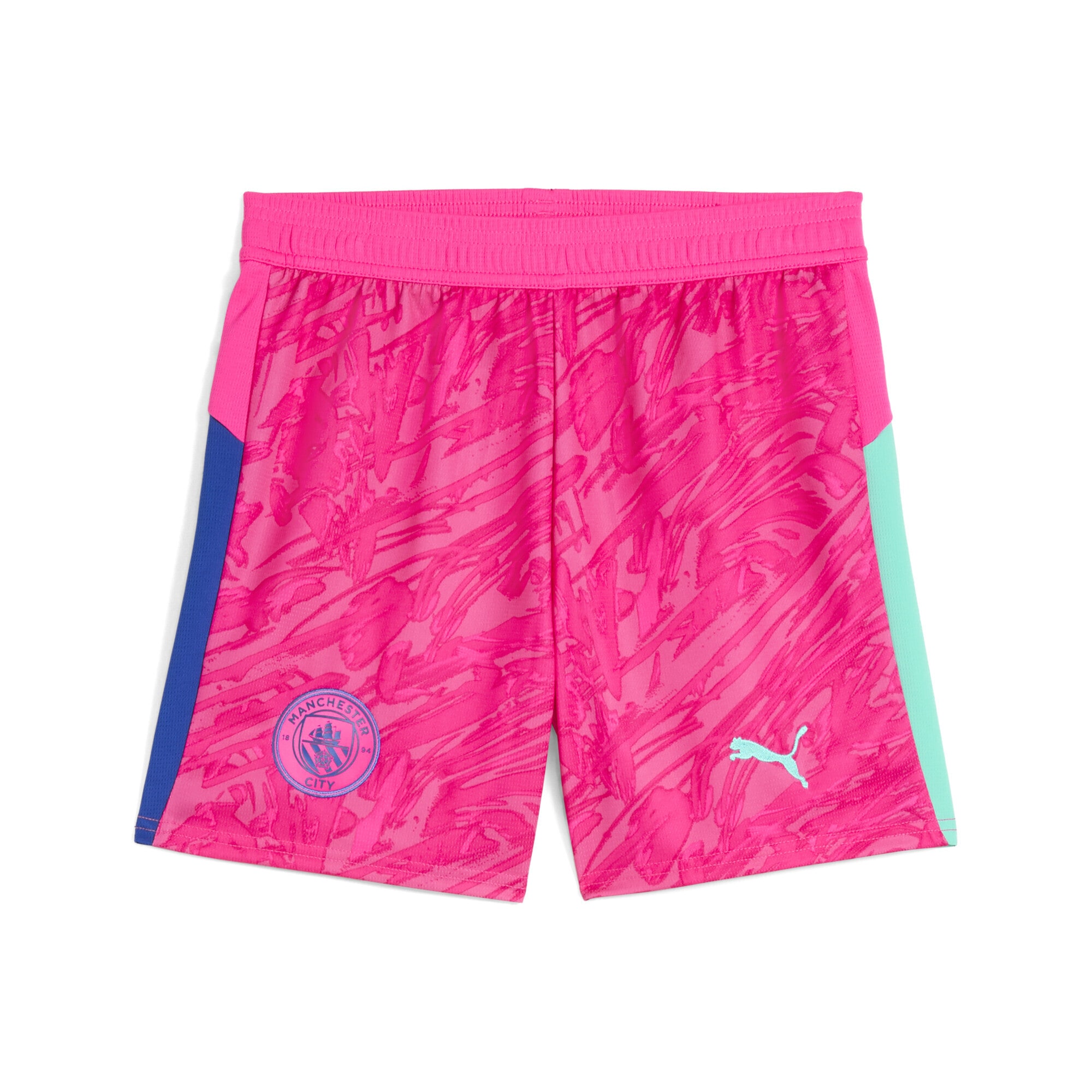 Sporthose PUMA "Manchester City 25/26 Torwartshorts Jugendliche", Mädchen, Gr. 128, Normalgrößen, grün (fluro pink pes aquatic grün), Obermaterial: 100% Polyester, regular fit, Hosen Sporthose