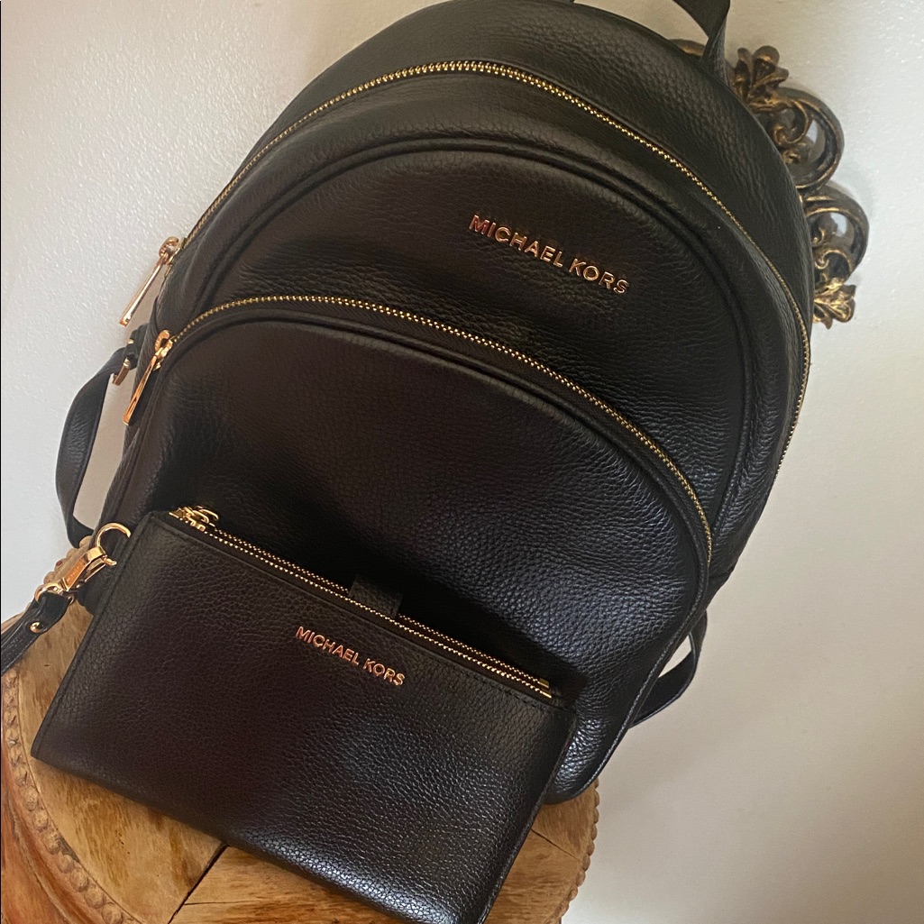 Michael Kors Bags | 100% Authentic Mk Wallet And Authentic Mk Backpack! Matching! | Color: Black/Gold | Size: Os
