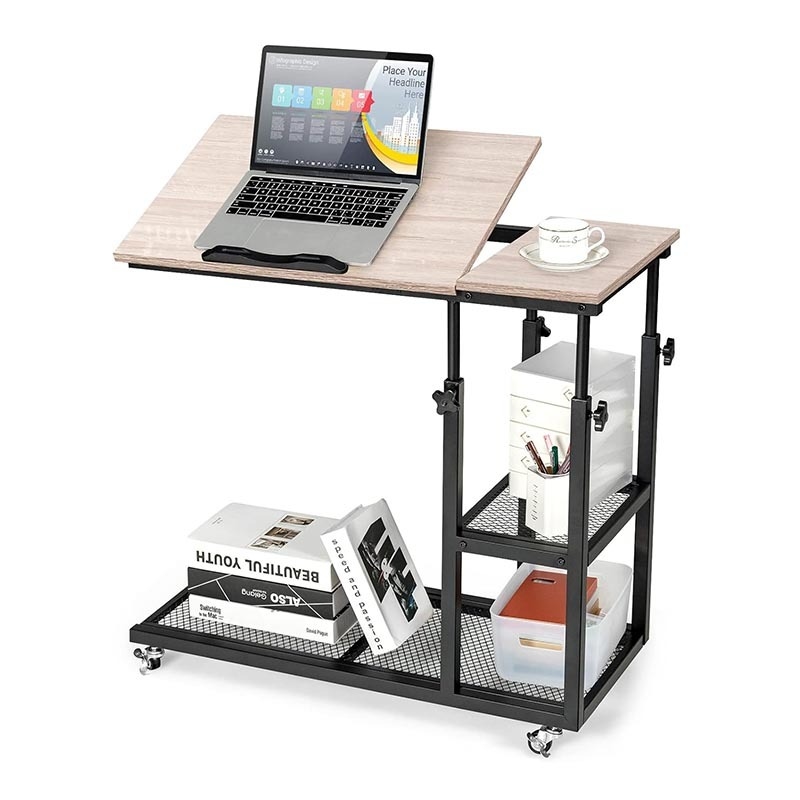 COSTWAY Beistelltisch aus Holz, höhenverstellbar und neigbar, Sofatisch, C-Form, 3 Stufen, Laptoptisch mit Rollen Image