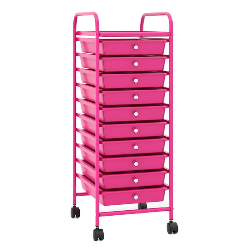 COSTWAY Rollwagen mit Schubladen, Rollcontainer, Badezimmerwagen, Seitenwagen mit 10 stapelbaren Schubladen, Metallrahmen (Pink) Image