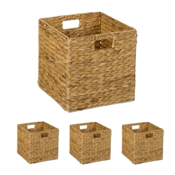 Relaxdays Aufbewahrungskorb, 4er Set, Wasserhyazinthe, Kleidung, Spielzeug, 30x30x30 cm, geflochtener Regalkorb, natur Image