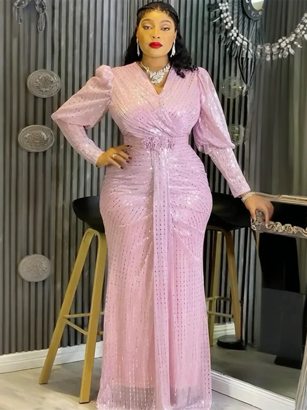 2026 Plus Größe Afrikanische Party Lange Kleider für Frauen Dashiki Pailletten Rosa Robe Elegante Outfits Muslimischen Hochzeit Abendkleid