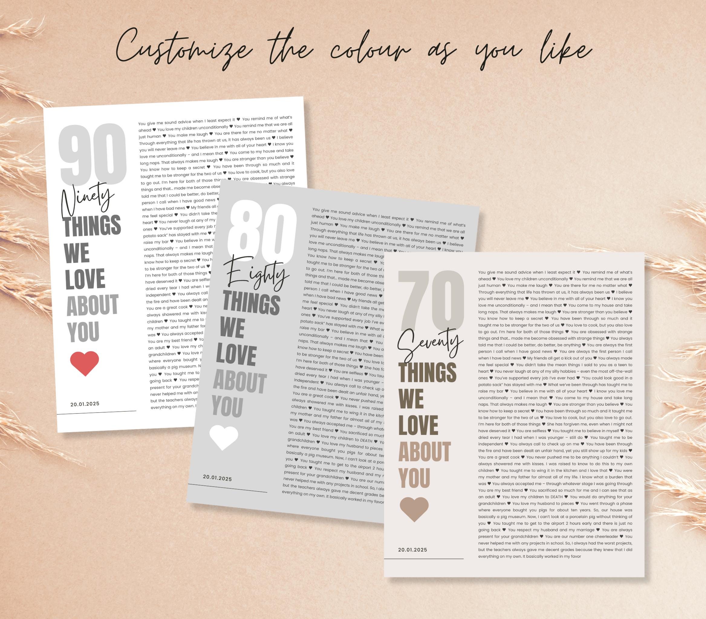 80 motivi per cui ti amiamo, regalo per l'80o compleanno, 80 cose che amiamo di te, decorazione per l'80o compleanno, modello Canva, 80 idee per il co