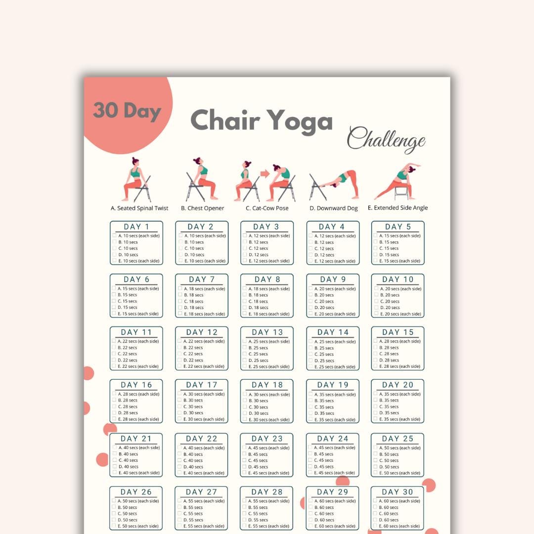 Sfida di 30 giorni di yoga sulla sedia stampabile / Programma di yoga sulla sedia / Planner di allenamento digitale da 10 minuti / Allenamento digital