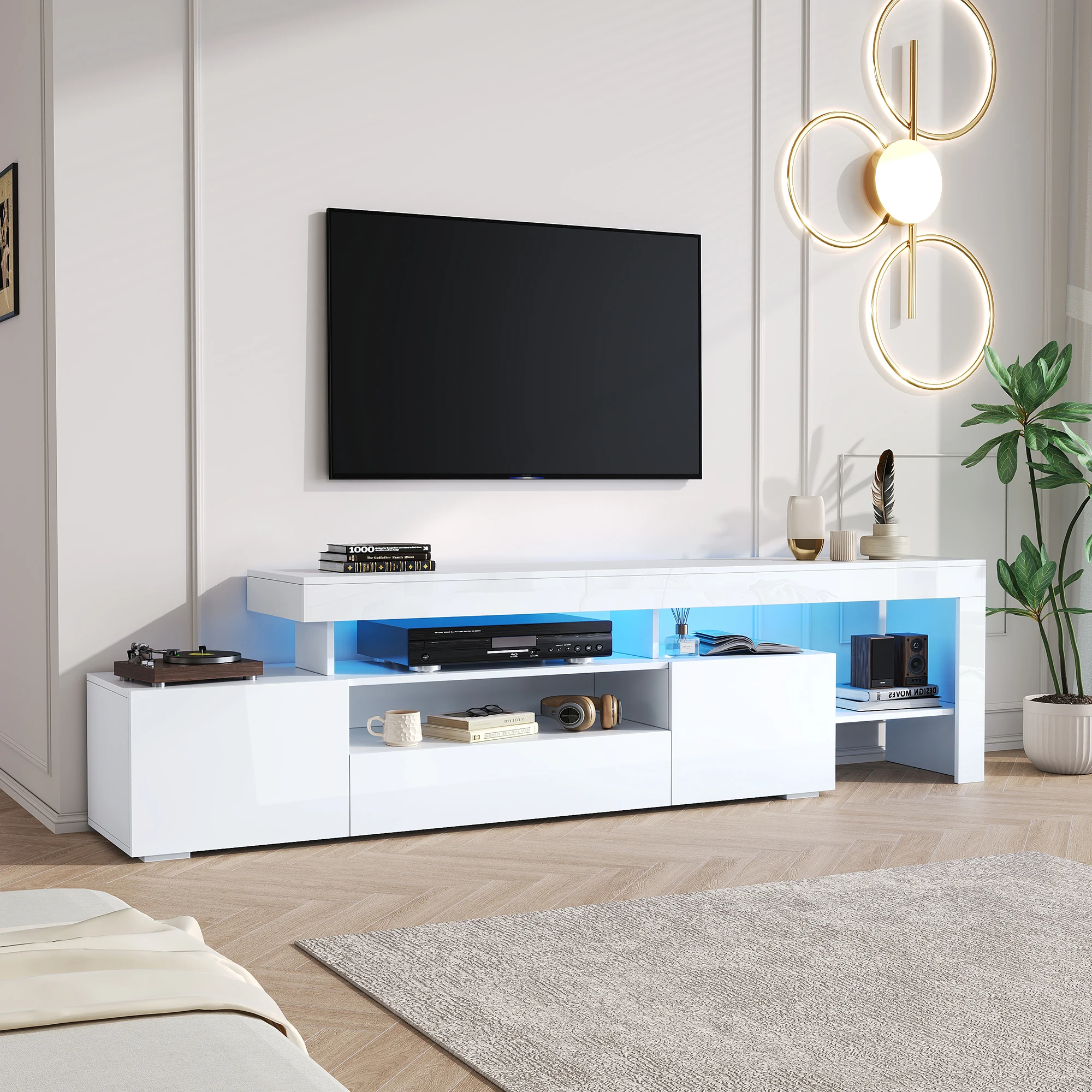 TV schrank mit 3 schränke,Mit LED,Hochglanz Fernsehtisch, Geeignet für Fernseher um 85 Zoll
