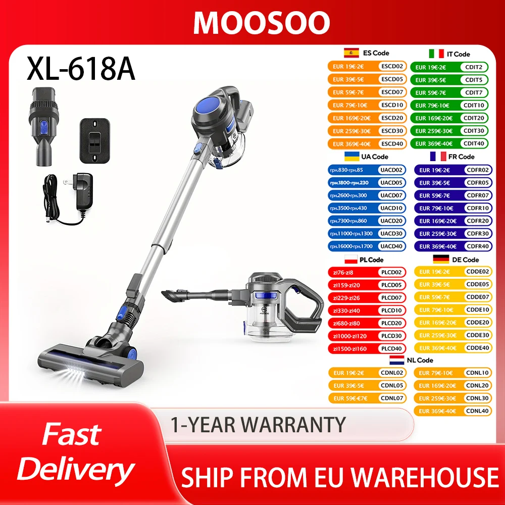 MOOSOO XL-618A Akku-Staubsauger, 12 kPa starke Saugkraft, max. 30 Minuten. Laufzeit, 120 W bürstenloser Motor, elektrische LED-Bürste Image
