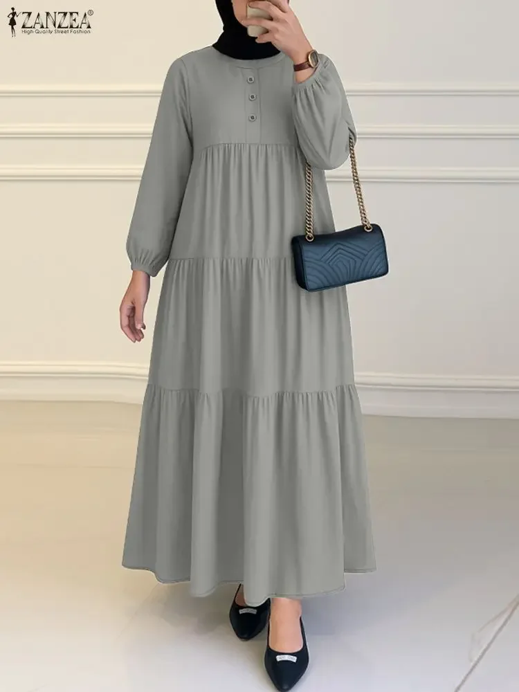 ZANZEA Elegante Muslimische Abaya Frauen Kleider 2026 Frühling Elegante O Hals Langarm Kleid Solide Maxi Lange Vestidos Ramadan Sommerkleid
