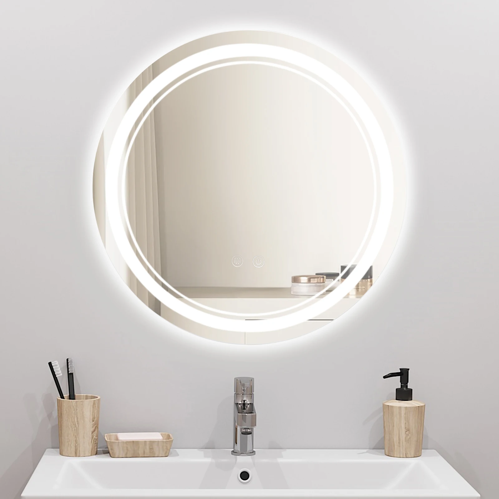 Professioneller 50/60 cm großer Badezimmer-Kosmetikspiegel, dimmbarer LED-Make-up-Spiegel mit Lichtern, 3 Farben, Wandmontage, beschlagfrei, großer Spiegel