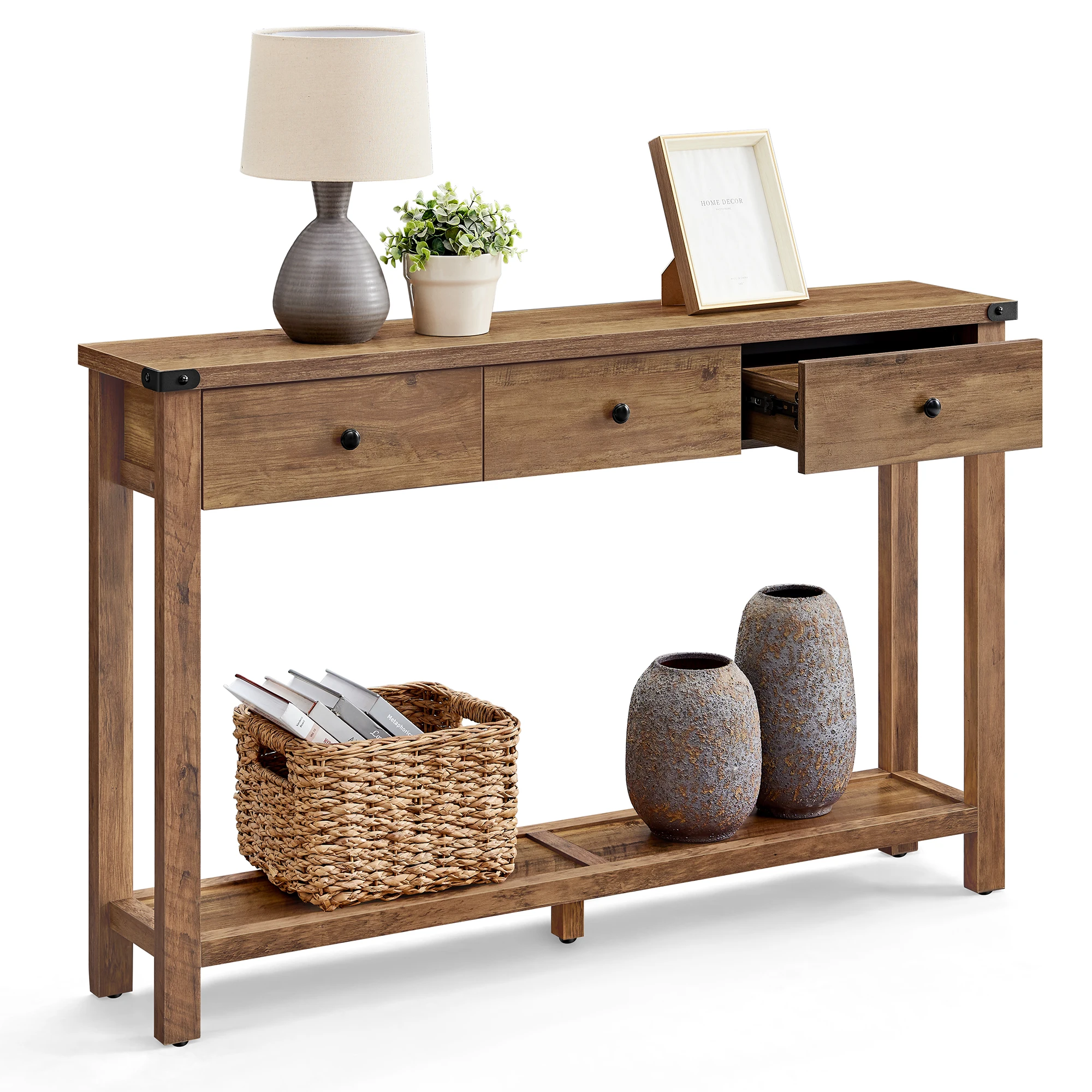 VASAGLE Konsolentisch, Beistelltisch, schmaler Sofatisch, mit 3 Schubladen und einer Ablage, für Flur, Wohnzimmer, Landhausstil Image