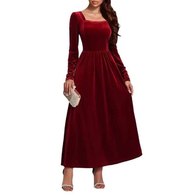 2025 neue Französisch Vintage Weihnachten Rot Samt Kleid Quadrat Kragen Abend Party Prom Vestidos Frauen Elegante Herbst Winter Kleidung