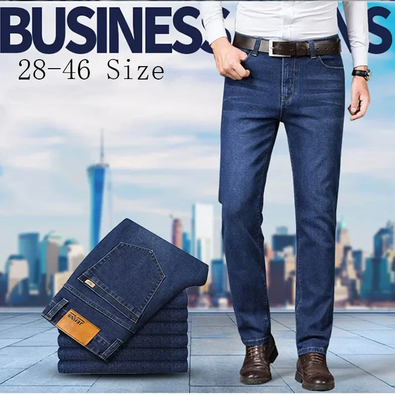 Große Größe 40 42 44 46 2025, neue Business-Casual-Stretchhose, klassische blaue Denim-Hose, lockere gerade Jeans für Herren
