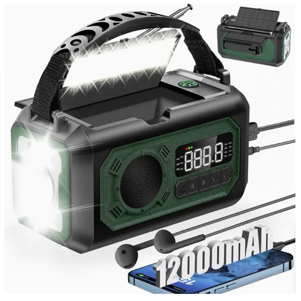 12000 mAh Wetterradio AM/FM/NOAA Multifunktionsradio Handkurbel Solar Tragbare Notfallradio Leselampe für Outdoor Camping Image