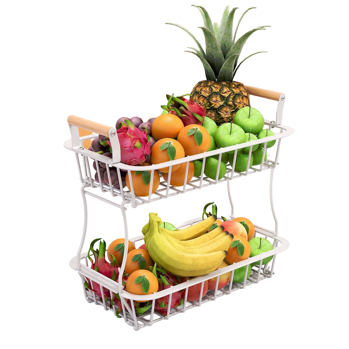 Relaxdays Obstkorb 2-stöckig, Obstschale für die Küche, Metallkorb für Obst und Gemüse, Griffe, Metall & Holz, weiß Image