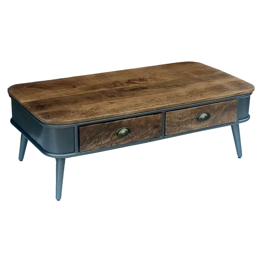 Table basse 2 tiroirs bois et acier patiné