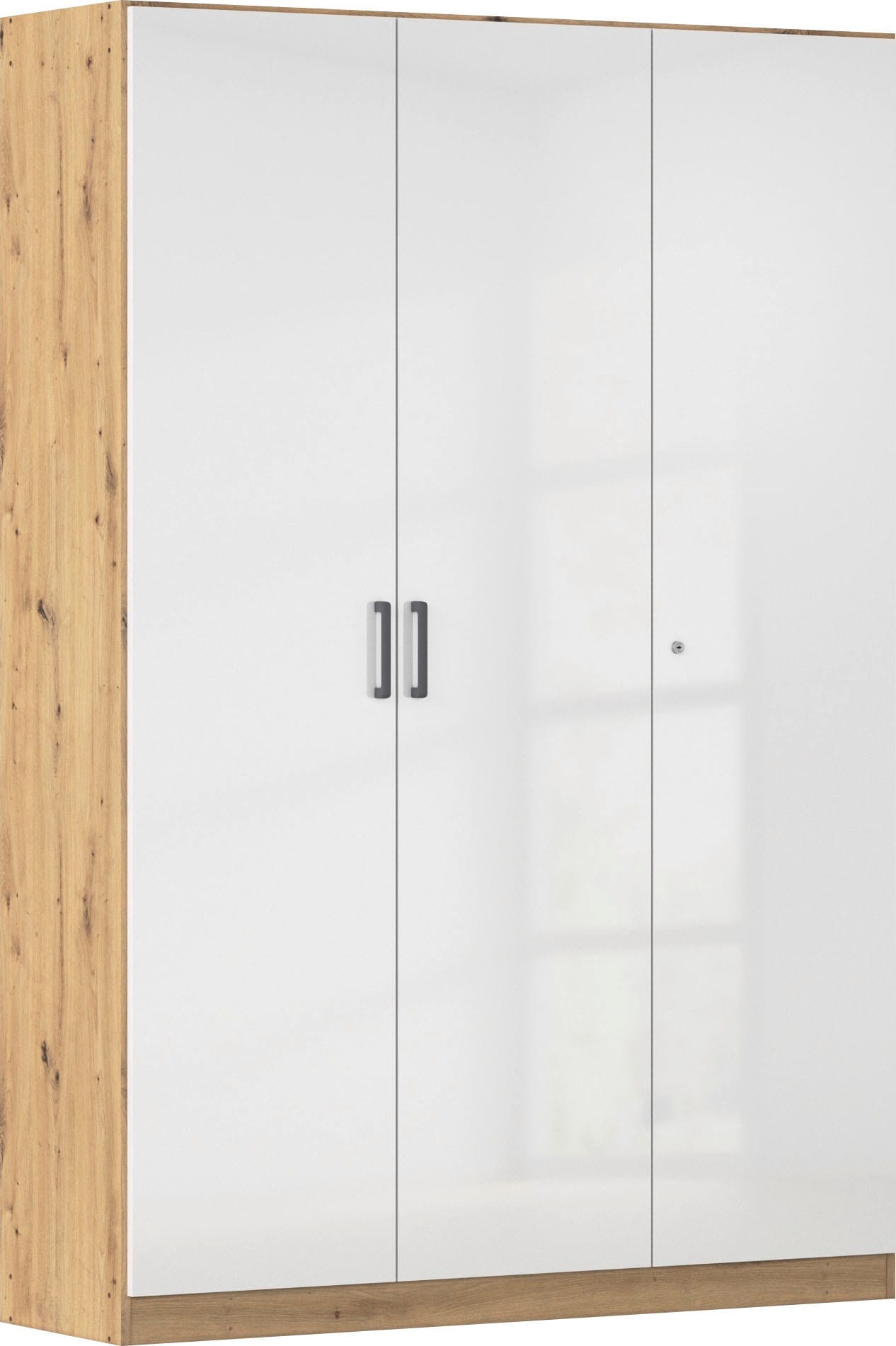 Mehrzweckschrank RAUCH "Garderobe Kleiderschrank Schrank Schuhschrank Putzschrank MINOSA", eiche artisan, hochglanz weiß, griffe graumetallic, B:136cm H:197cm T:41cm, Holzwerkstoff, Schränke, Mehrzweckschrank