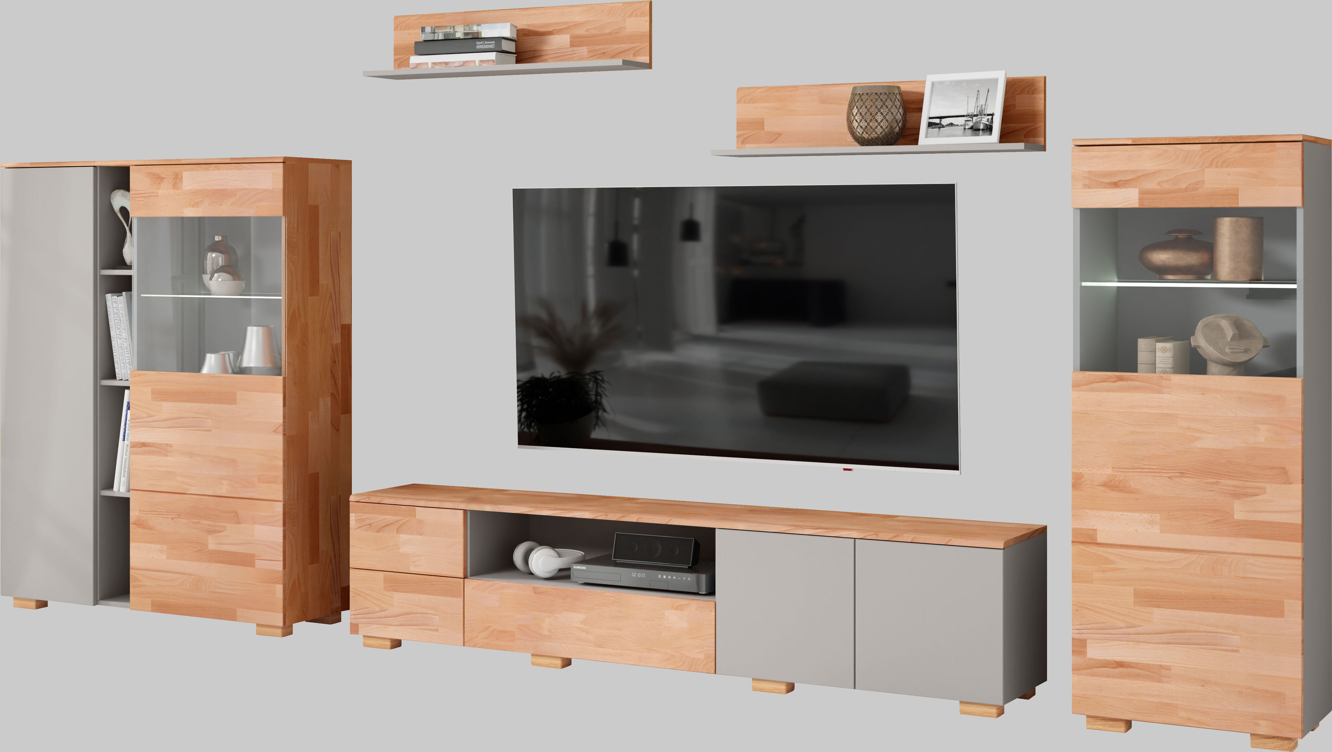 Wohnwand HOME AFFAIRE, braun (braun und grau), B:370cm H:145cm T:35cm, Holzwerkstoff, Massivholz, Kastenmöbel-Sets, Wohnwand, schöne moderne Optik