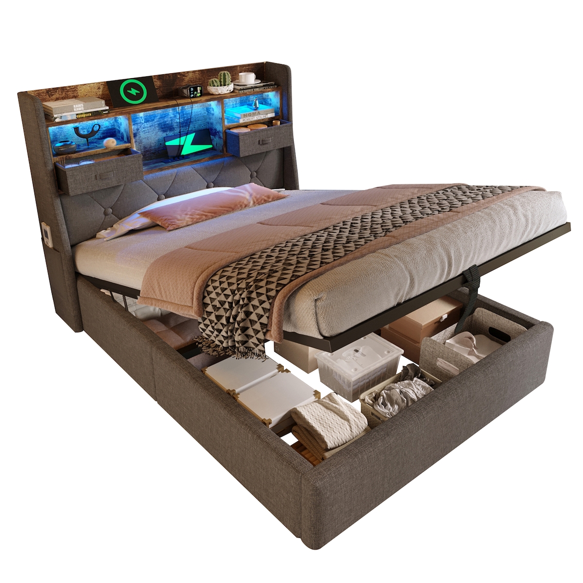 STILVORA Polsterbett 90x200 mit LED-Beleuchtung, Stauraum & USB-Anschlüssen, Retro-Design, Massivholzrahmen, Metallgestell, Grauer Leinenstoff Image