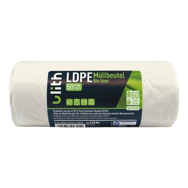 Ulith Müllbeutel aus Recyclingmaterial 60 L weiß 50 Stück weiß, 63x74 cm