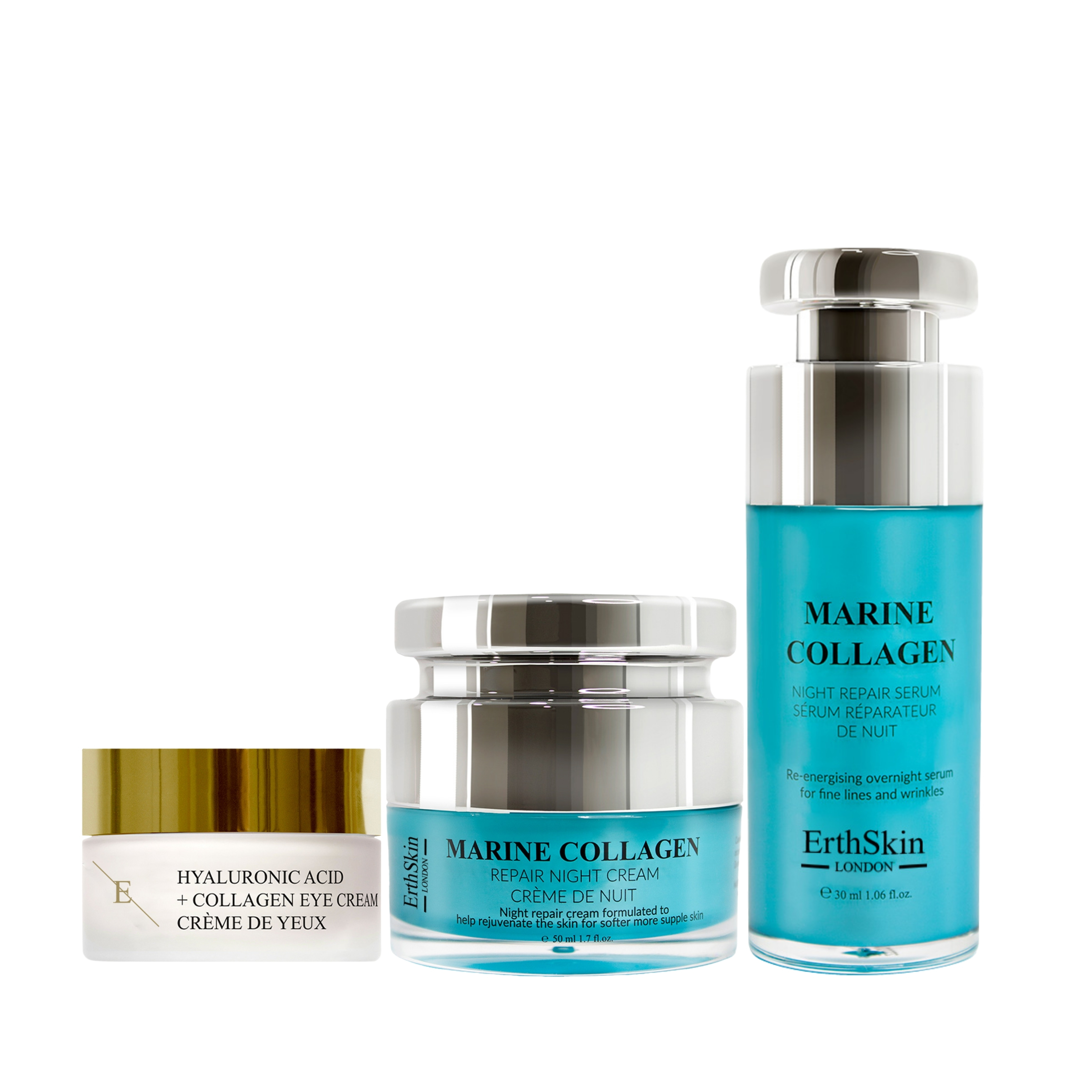 Marin Kollagen Nachtcreme 50ml + Hyaluronsäure + Kollagen Pro Age Augencreme + Marin Kollagen Nacht Reparaturserum 30ml Image