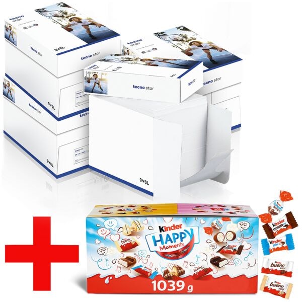 tecno 4 Maxi-Boxen à 2500 Blatt Kopierpapier »Star« inkl. Minischokoladen-Box »Happy M Image