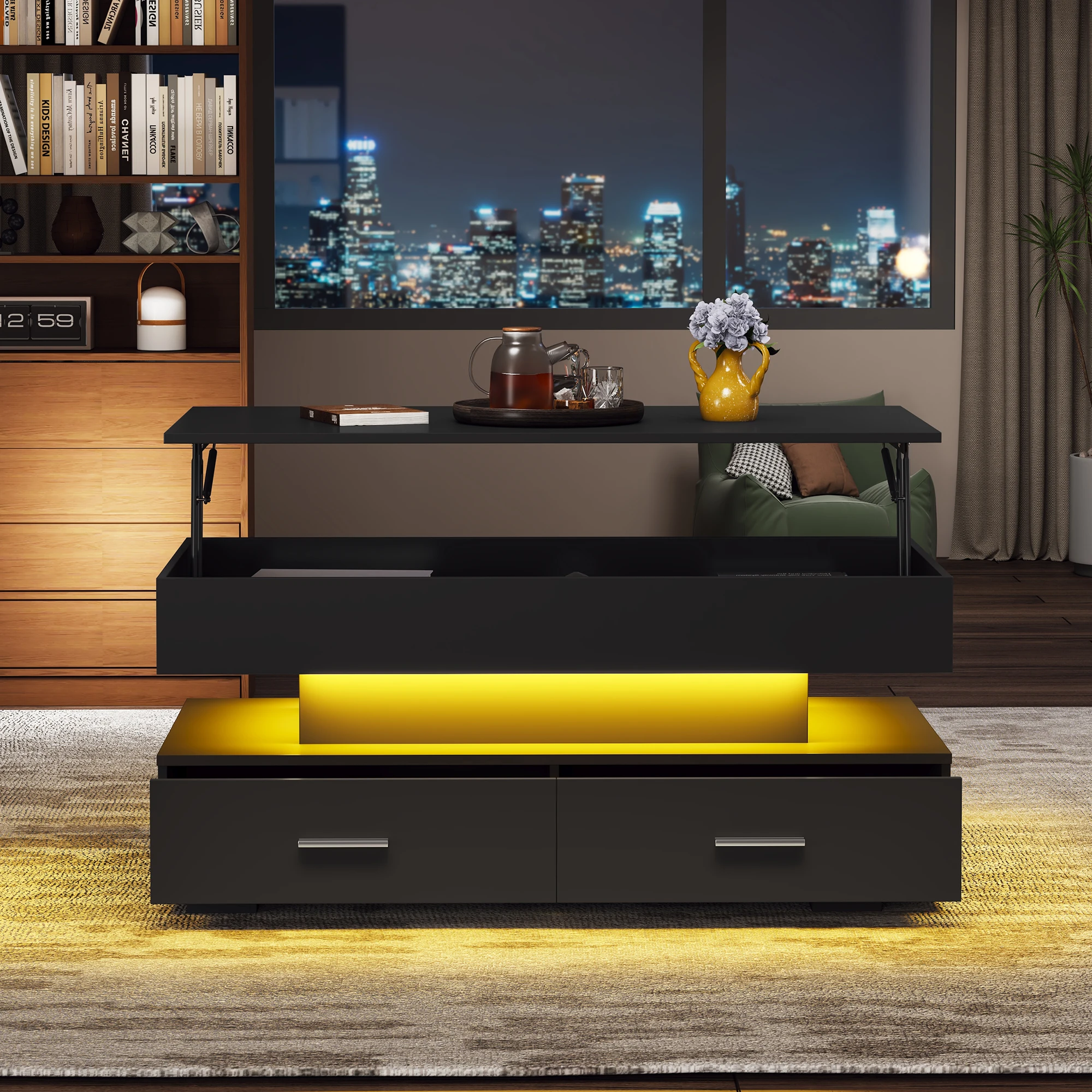 KOMHTOM Hydraulisch Höhenverstellbarer Couchtisch - LED-Beleuchtung & Bluetooth-APP-Steuerung, 2 Schubladen, Offener Stauraum Image