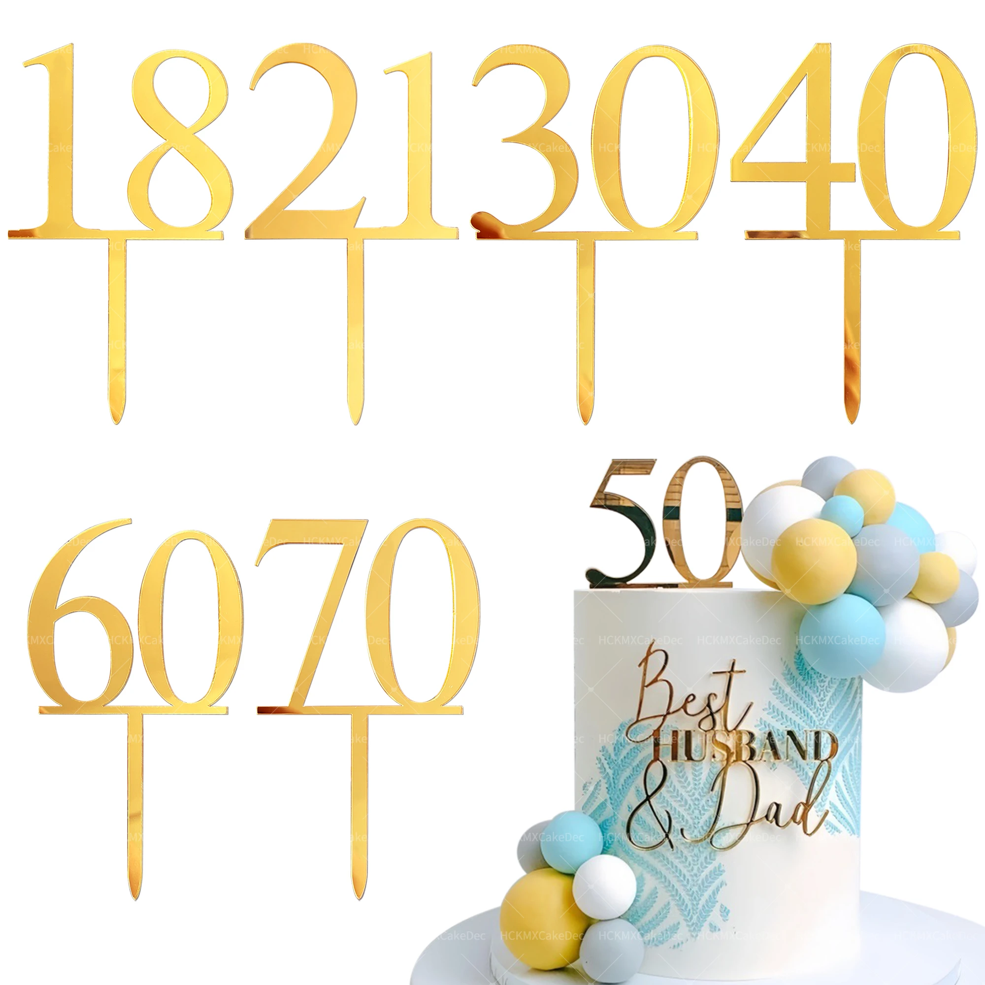 3 Stück goldene Acrylzahlen 18 21 30 40 50 60 70 Kuchenaufsatz, für Geburtstagsfeier DIY Kuchen Dessert Dekoration Lieferungen Image