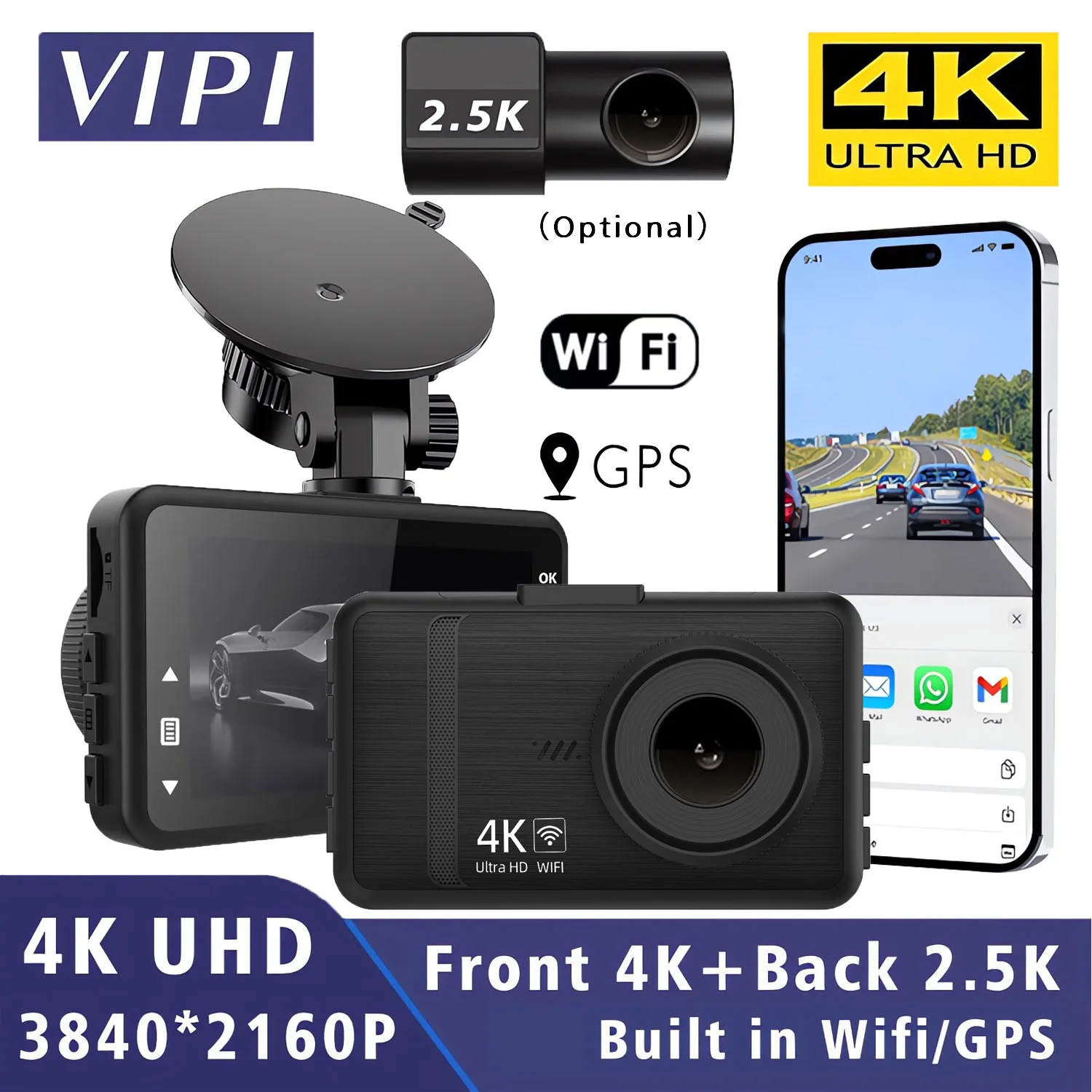 4K 3840*2160P Dash Cam Vorne Und 2,5K Hinten WiFi GPS Dash Kamera für Autos mit 24H Parkplatz Monitor WDR Nachtsicht Black Box