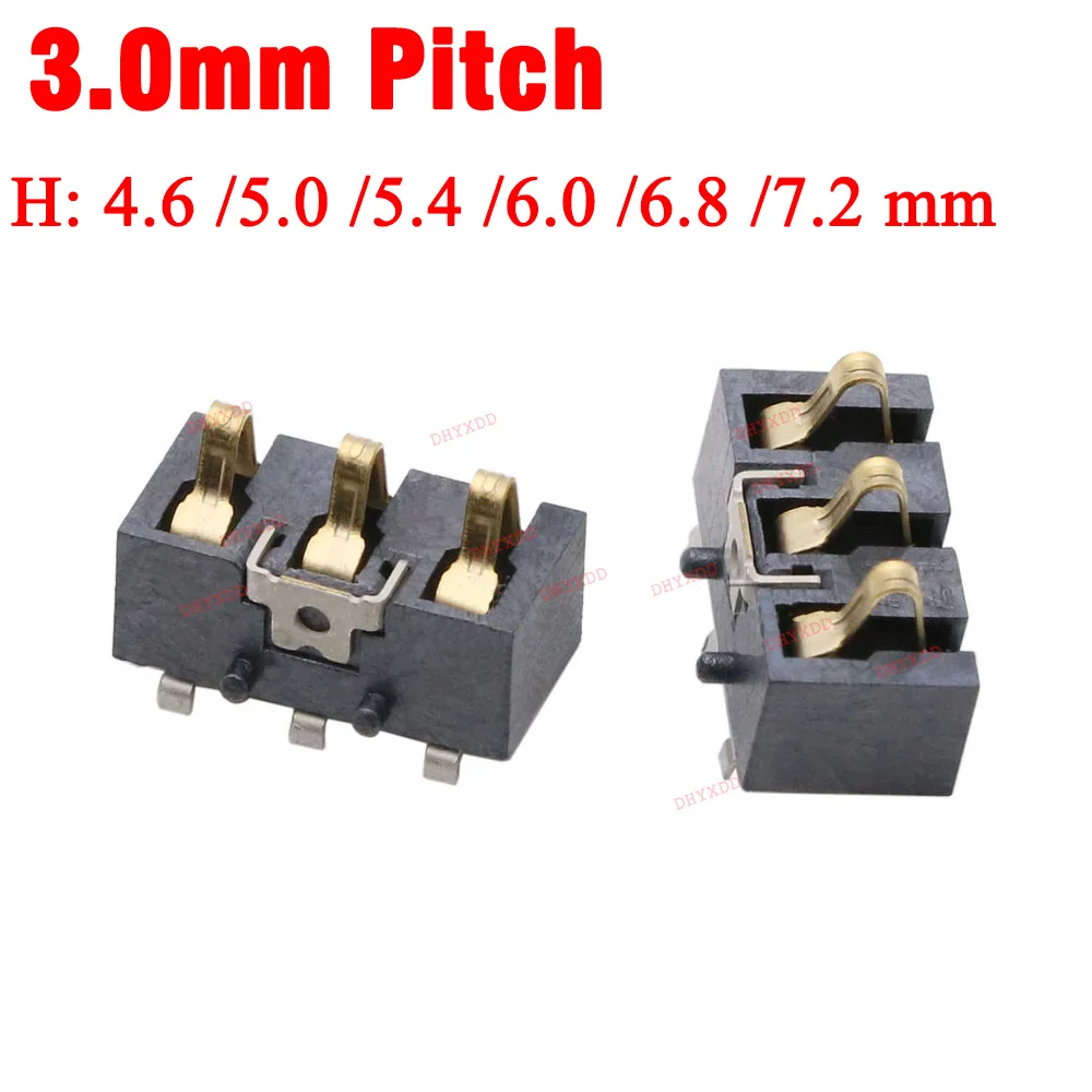 10 Stück Feder-Batterie-Anschluss, 3,0 mm Rastermaß, 3-polig, männlich, weiblich, Kontaktstrom, Ladesitz, Federtesthöhe 4,6 5,0 6,8 7,2 mm Image