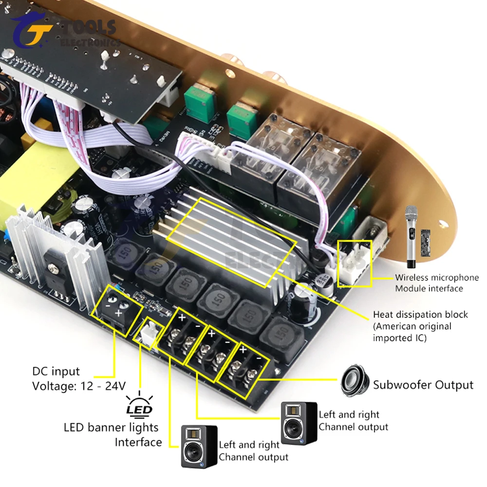 D900 2.1-Kanal-Bluetooth-Verstärkerplatine, Hochleistungs-Subwoofer, digitaler Verstärker für den Heimgebrauch, DC 12–24 V AC 110–220 V, 50 W + 50 W + 100 W Image