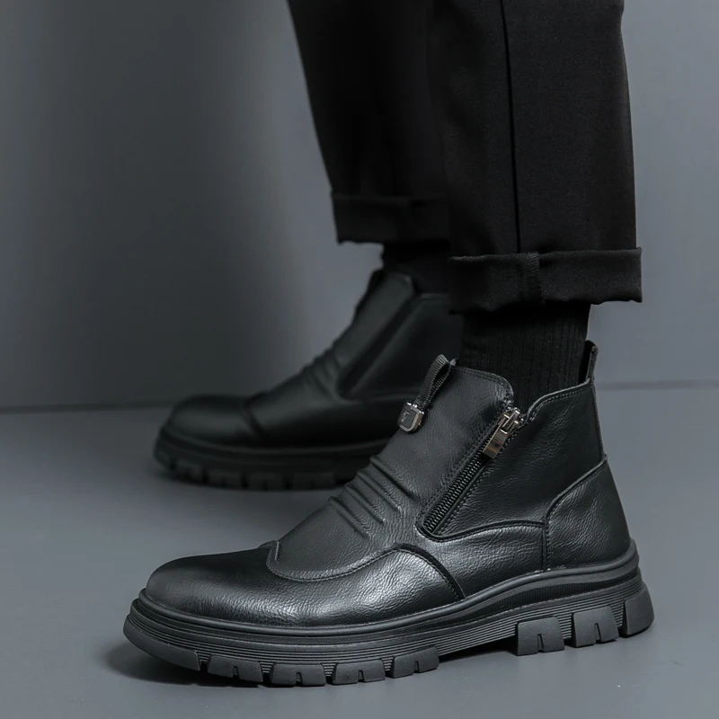 High-Top-Reitstiefel mit seitlichem Reißverschluss, 2025, neuer Herbst und Winter, lässige Lederschuhe für Herren mit weichen Sohlen, Trend Image