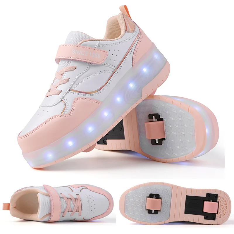 LED-beleuchtete Rollschuhe, Laufschuhe für Jungen und Mädchen, Räder, Rotationsknopf, Sport, Doppelrad-Rollschuhschuhe Image