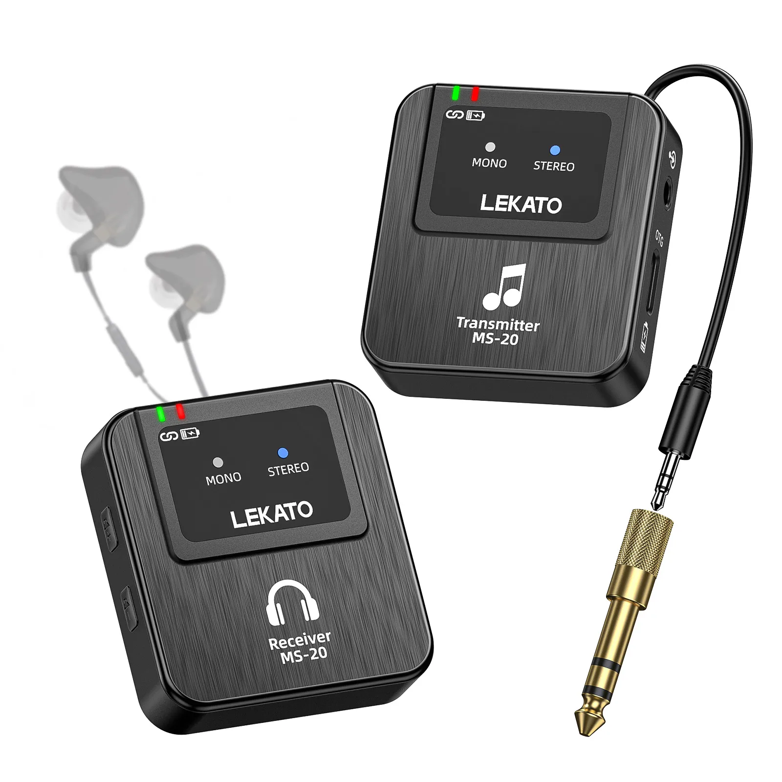 LEKATO Kabelloses IEM-Monitor-Kit – 1 Sender + 1 Empfänger, erweiterbar auf 10 2,4G-Empfänger mit geringer Latenz, 30m Reichweite, Mono/Stereo-Schalter & OTG-Unterstützung Image
