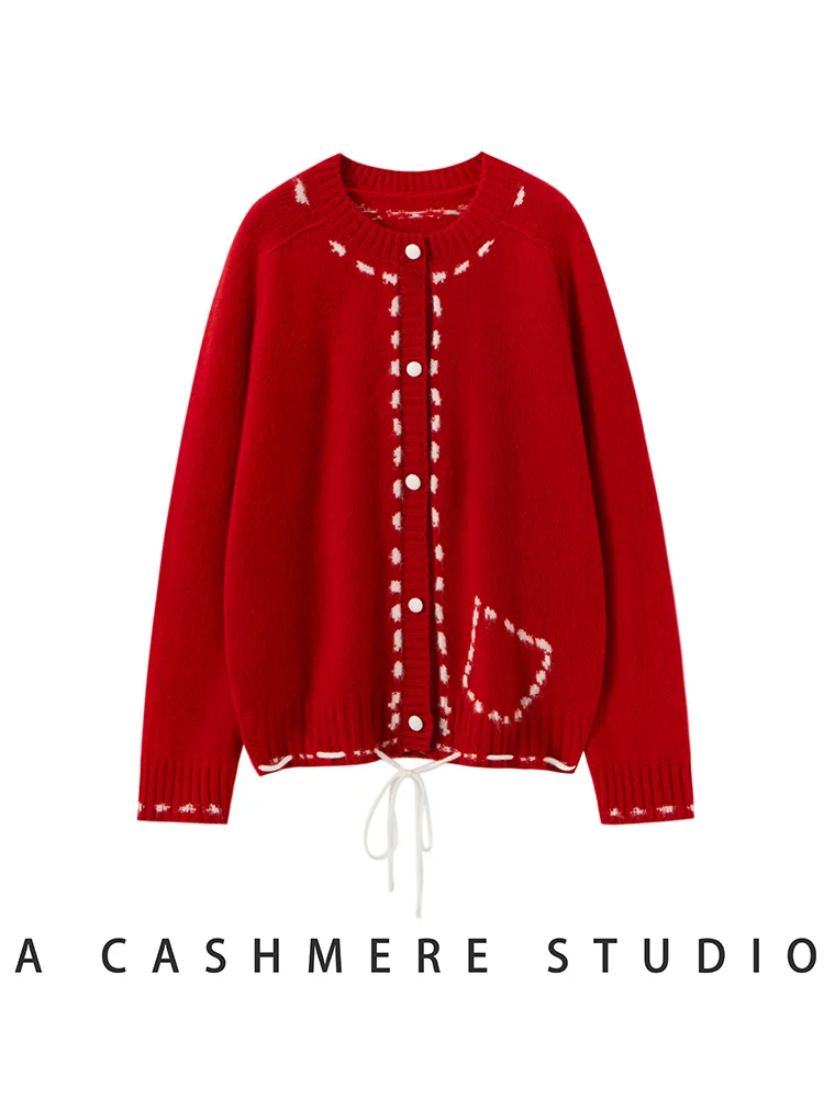 CHICUU Women's 100% Cashmere Sweater O-neck Cardigan Luxury Design Line Jacquard Cashmere Coat Autumn Winter Cashmere Knitwear