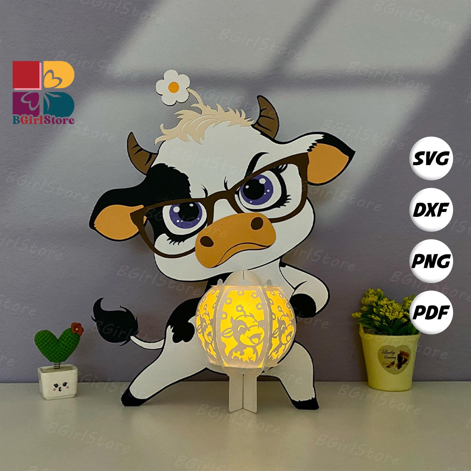 Divertente lanterna a forma di mucca da latte in formato PDF, SVG, Studio Template - Modello fai da te per ritaglio di carta a forma di animale - Lant
