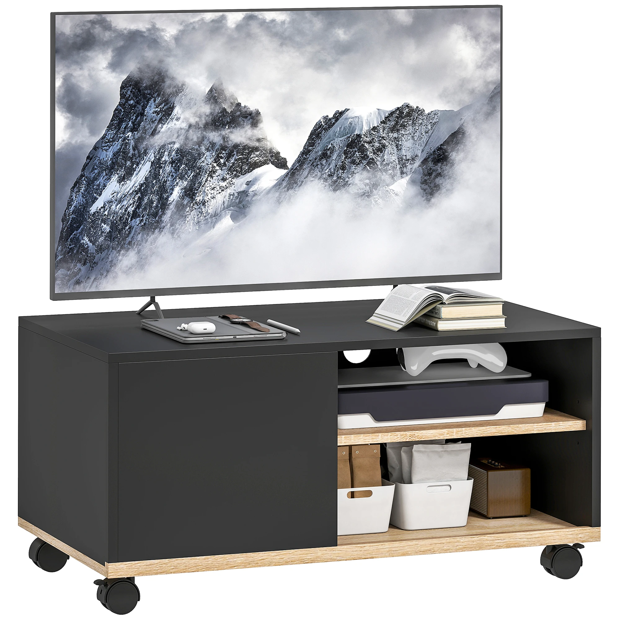 Homcom Meuble TV à roulettes, table TV mobile, meuble pour télévision jusqu'à 42 pouces, avec 1 porte, 2 compartiments ouverts, étagère réglable, pour salon, salle à manger, chambre à coucher, noir